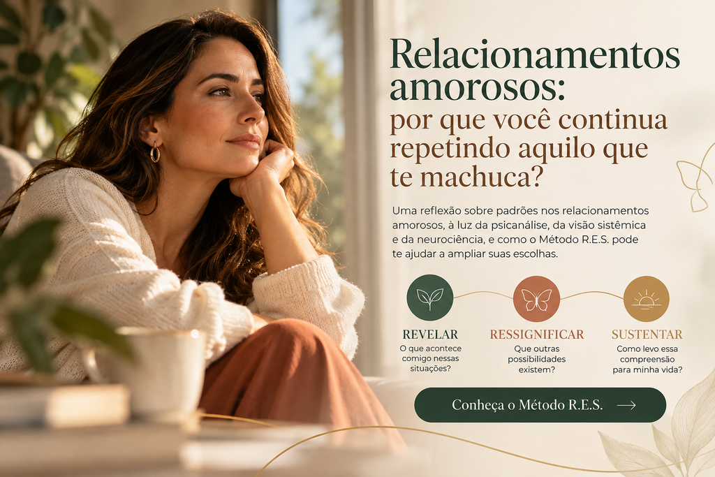 Mulher pensativa em ambiente acolhedor, ilustrando a repetição de padrões nos relacionamentos amorosos e o Método R.E.S., de Juliana Barros, baseado na psicanálise, visão sistêmica e neurociência.